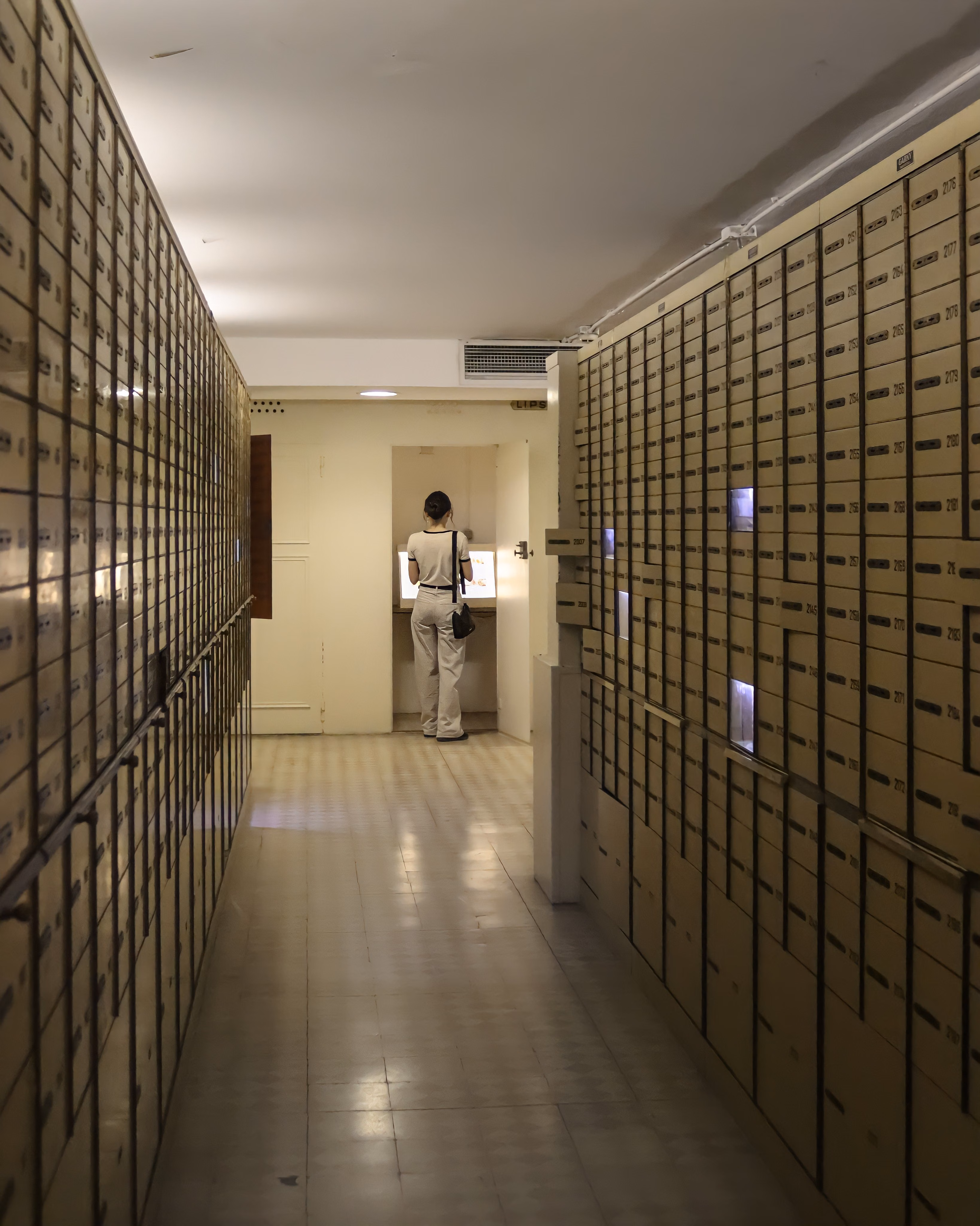 A woman examines a locker inside a secure vault lined with metal safety deposit boxes